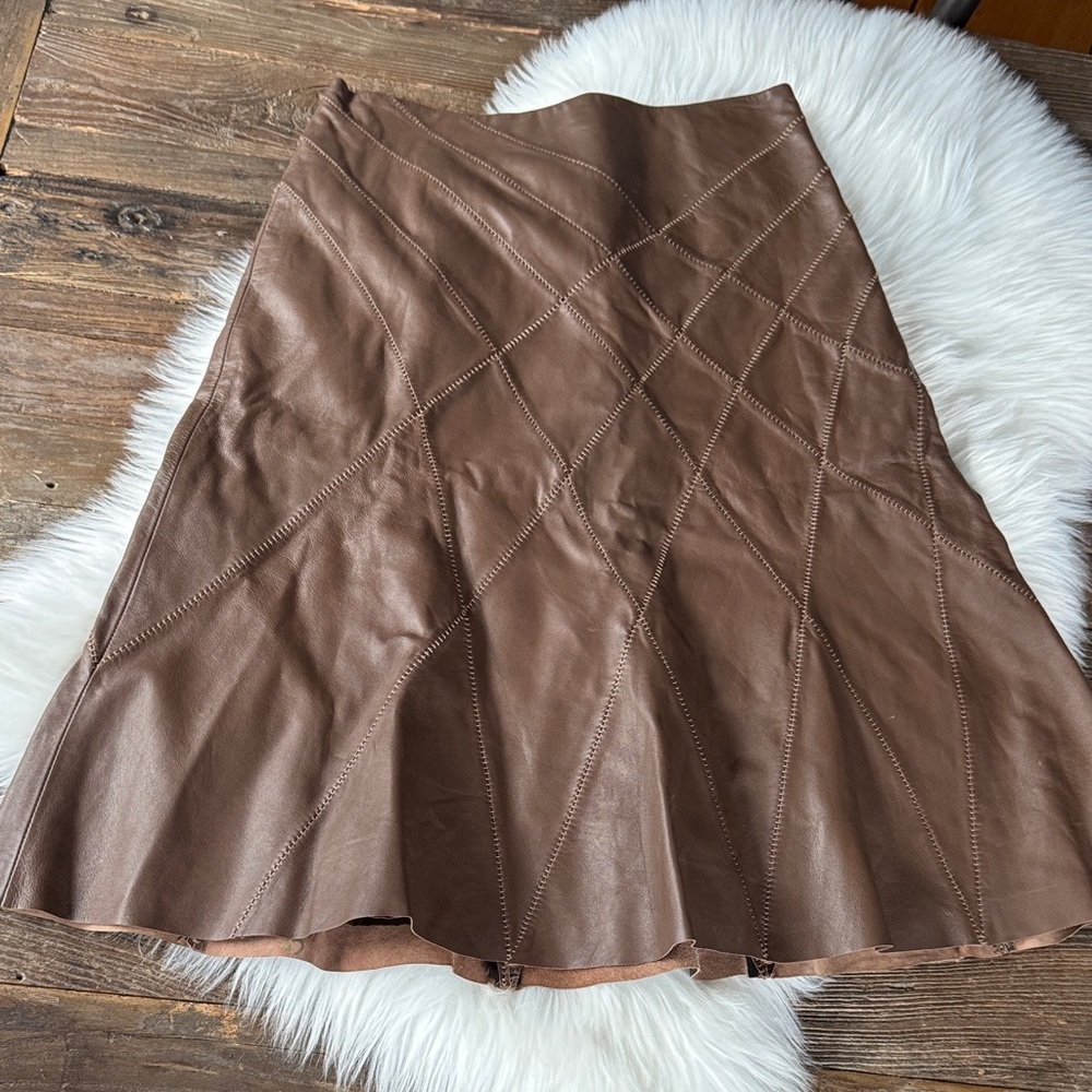WORTH patchwork Brown Leather A-line skirt EUC size 2